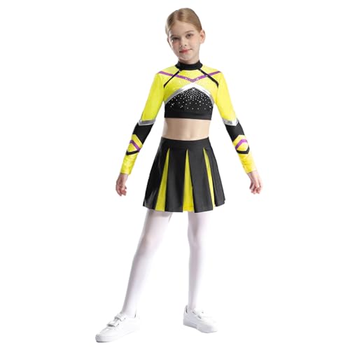 inlzdz Mädchen Cheerleading Outfit Langarm Crop Tops Kurz Tanztop mit Minirock Faltenrock Kinder Tanz Kostüm Fluoreszierendes Gelb 122-128 von inlzdz