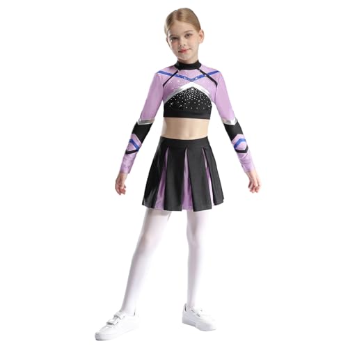 inlzdz Mädchen Cheerleading Outfit Langarm Crop Tops Kurz Tanztop mit Minirock Faltenrock Kinder Tanz Kostüm Helles Lila 110-116 von inlzdz