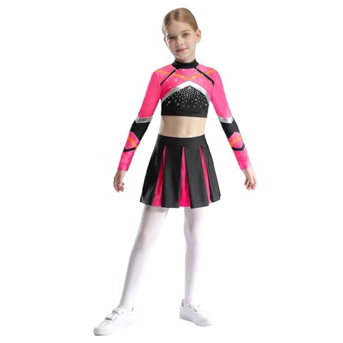 inlzdz Mädchen Cheerleading Outfit Langarm Crop Tops Kurz Tanztop mit Minirock Faltenrock Kinder Tanz Kostüm Hot Pink 110-116 von inlzdz