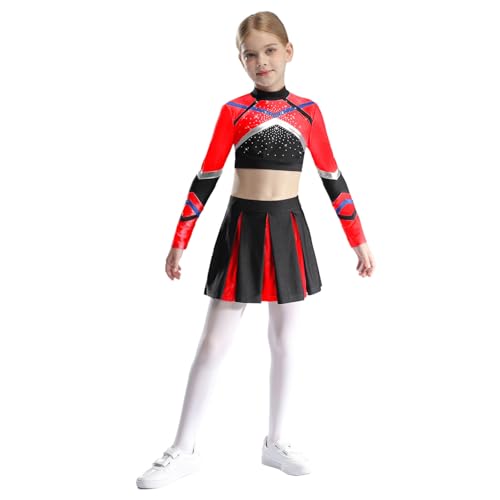 inlzdz Mädchen Cheerleading Outfit Langarm Crop Tops Kurz Tanztop mit Minirock Faltenrock Kinder Tanz Kostüm Rot 110-116 von inlzdz