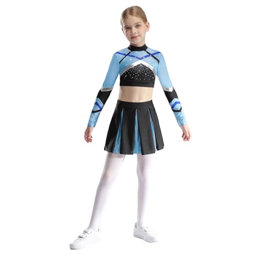 inlzdz Mädchen Cheerleading Outfit Langarm Crop Tops Kurz Tanztop mit Minirock Faltenrock Kinder Tanz Kostüm Staubiges Blau 110-116 von inlzdz