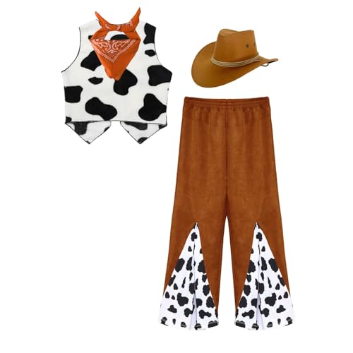 inlzdz Mädchen Jungen Cowboy Kostüm Kuh Muster Weste mit Schlaghose Cowboyhut Bandanna Halloween Mottoparty Karneval Kostüm Set Orange 110-116 von inlzdz