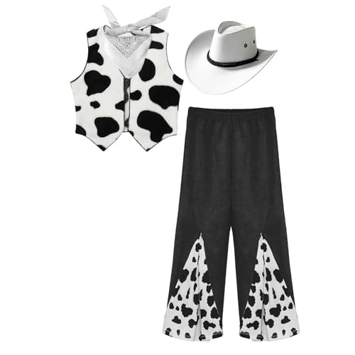 inlzdz Mädchen Jungen Cowboy Kostüm Kuh Muster Weste mit Schlaghose Cowboyhut Bandanna Halloween Mottoparty Karneval Kostüm Set Weiß 146-152 von inlzdz