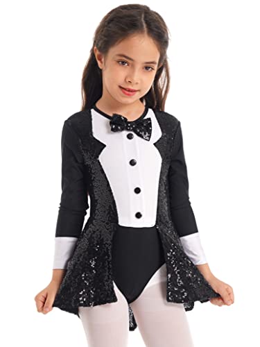 inlzdz Mädchen Zirkus Kostüm Langarm Pailletten Tanzbody Trikot Leotards Kinder Ringmaster Zauberer Kostüm Halloween Fasching Karnevalskotüm Schwarz 110-116 von inlzdz