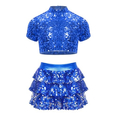 inlzdz Mädchen Zweiteiler Glitzer Tanz Outfit Kurzarm Crop Top Kurz Tops mit Rüschen Rock Minirock Kinder Mottoparty Tanz Kleiudung Blau 110-116 von inlzdz