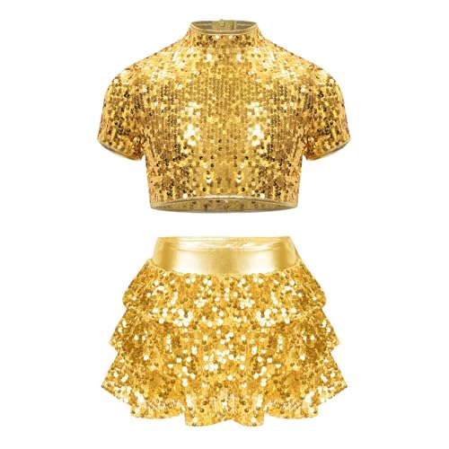 inlzdz Mädchen Zweiteiler Glitzer Tanz Outfit Kurzarm Crop Top Kurz Tops mit Rüschen Rock Minirock Kinder Mottoparty Tanz Kleiudung Gold 110-116 von inlzdz