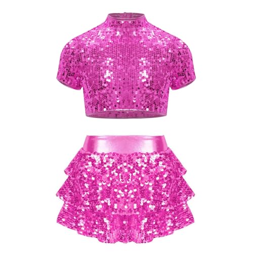 inlzdz Mädchen Zweiteiler Glitzer Tanz Outfit Kurzarm Crop Top Kurz Tops mit Rüschen Rock Minirock Kinder Mottoparty Tanz Kleiudung Hot Pink 110-116 von inlzdz