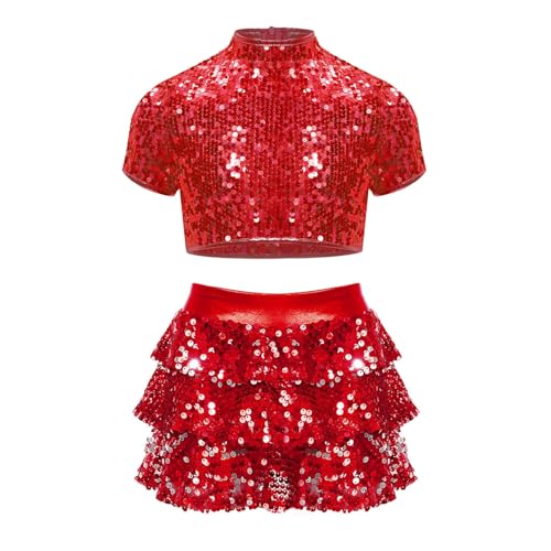 inlzdz Mädchen Zweiteiler Glitzer Tanz Outfit Kurzarm Crop Top Kurz Tops mit Rüschen Rock Minirock Kinder Mottoparty Tanz Kleiudung Rot 110-116 von inlzdz