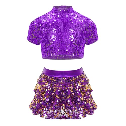 inlzdz Mädchen Zweiteiler Glitzer Tanz Outfit Kurzarm Crop Top Kurz Tops mit Rüschen Rock Minirock Kinder Mottoparty Tanz Kleiudung Violett 110-116 von inlzdz