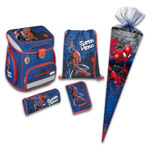 Set 6 teilig Schulranzen Set Spiderman und passende Schultüte 85cm groß Spiderman 6eckig Einschulung Schulanfang - Zuckertüte von itenga