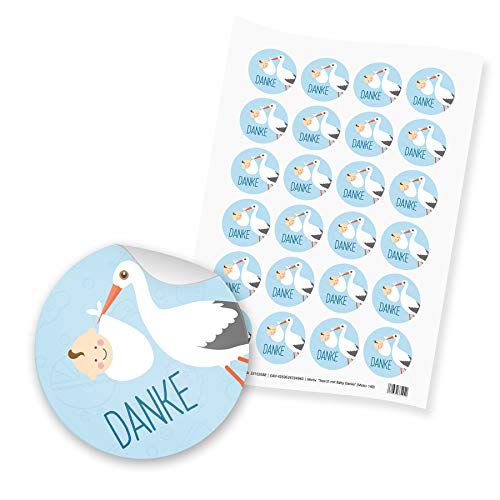 itenga Motiv Storch mit Baby Hellblau Pastell für Jungen Gast Geschenk Geburt Taufe 1. Geburtstag (24 Motivsticker mit Text Danke) von itenga