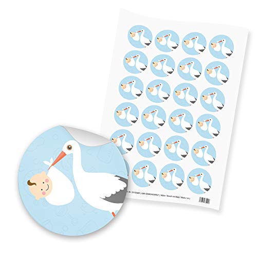 itenga Motiv Storch mit Baby Hellblau Pastell für Jungen Gast Geschenk Geburt Taufe 1. Geburtstag (24 Motivsticker ohne Text) von itenga