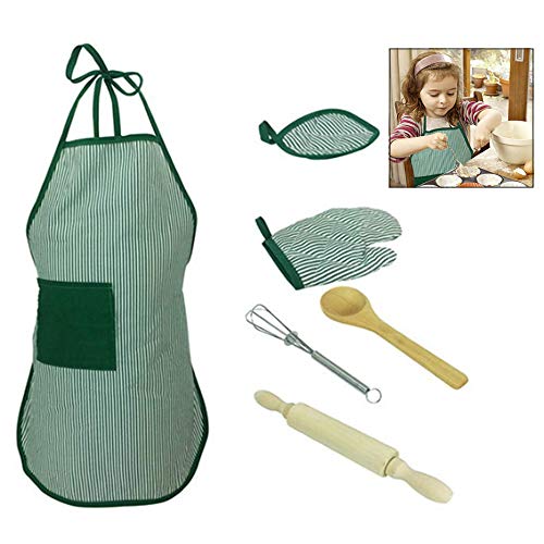 iwobi 6 Stück Kinder Backen kostüm Set, Kinder Chef Rolle Spielen Kostüm, Schürze, Ofenhandschuh, Handmixer, hitzebeständige Matte, Holzlöffel und Nudelholz von iwobi