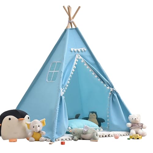 Tipi Zelt 120x120x160cm Spielzelt mit Filzkugel Indoor Spielhaus Mehrere Farben Segeltuch Tipizelt Lesezelt&Spielzimmer Kinderzelt (Blau) von jackfru