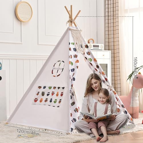 Tipi Zelt 120x120x160cm Spielzelt mit Filzkugel Indoor Spielhaus Mehrere Farben Segeltuch Tipizelt Lesezelt&Spielzimmer Kinderzelt (Eulen) von jackfru