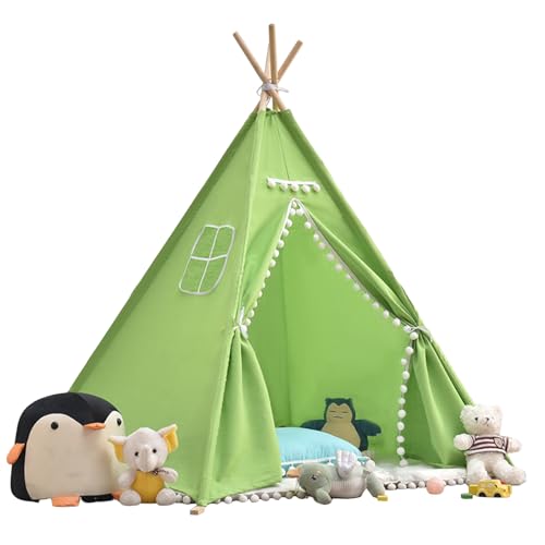 Tipi Zelt 120x120x160cm Spielzelt mit Filzkugel Indoor Spielhaus Mehrere Farben Segeltuch Tipizelt Lesezelt&Spielzimmer Kinderzelt (Grün) von jackfru