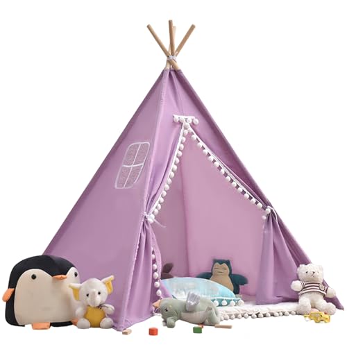 Tipi Zelt 120x120x160cm Spielzelt mit Filzkugel Indoor Spielhaus Mehrere Farben Segeltuch Tipizelt Lesezelt&Spielzimmer Kinderzelt (Lila) von jackfru