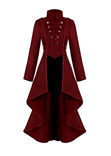 Damen Steampunk Vintage Frack Jacke Unregelmäßiger Saum Gothic Kleidung Viktorianischer Gehrock Lang Mantel Renaissance Mittelalter Cosplay Uniform Halloween Kostüm für frauen(Rot,XL) von jakloz