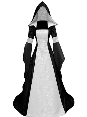 Halloween Kostüm Damen,Mittelalter Renaissance mit Kapuze Kleidung Gothic Kleid Viktorianischen Karneval Fasching Kleider Cosplay Kostüm(NSchwarz,2XL) von jakloz