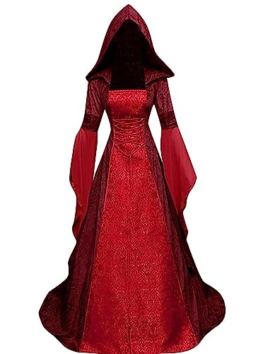 Halloween Kostüm Damen,Mittelalter Renaissance mit Kapuze Kleidung Gothic Kleid Viktorianischen Karneval Fasching Kleider Cosplay Kostüm(Rot,3XL) von jakloz