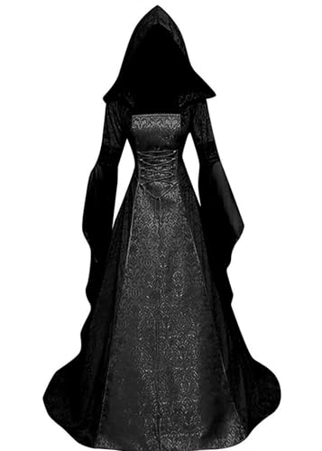 Halloween Kostüm Damen,Mittelalter Renaissance mit Kapuze Kleidung Gothic Kleid Viktorianischen Karneval Fasching Kleider Cosplay Kostüm(Schwarz,L) von jakloz