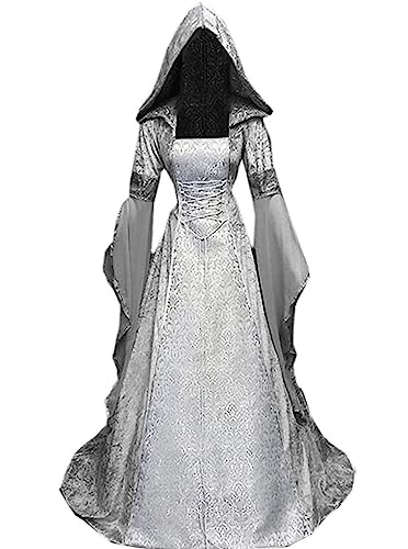 Halloween Kostüm Damen,Mittelalter Renaissance mit Kapuze Kleidung Gothic Kleid Viktorianischen Karneval Fasching Kleider Cosplay Kostüm((Silber,XL) von jakloz