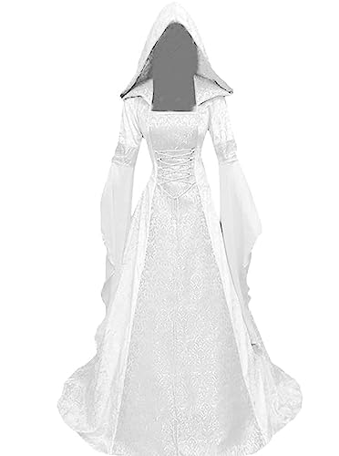 Halloween Kostüm Damen,Mittelalter Renaissance mit Kapuze Kleidung Gothic Kleid Viktorianischen Karneval Fasching Kleider Cosplay Kostüm(Weiß,3XL) von jakloz