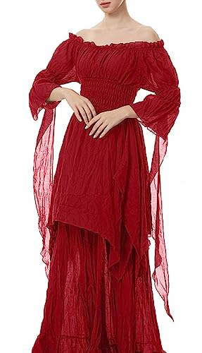 Halloween Kostüm Damen Mittelalter Renaissance Kleidung mit Korsett Gürtel Retro Maxikleid Viktorianischen Gothic Kleid Halloween Karneval Party Cocktailkleid(Rot,2XL) von jakloz