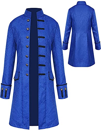 Halloween Kostüm Herren Steampunk Mantel, Männer Gothic Mittelalter Karneval Jacke, Viktorianischen Gehrock Uniform Smoking Retro Langer Button Kleidung(Blau,2XL) von jakloz