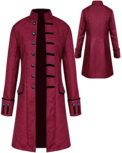 Halloween Kostüm Herren Steampunk Mantel, Männer Gothic Mittelalter Karneval Jacke, Viktorianischen Gehrock Uniform Smoking Retro Langer Button Kleidung(Rot,2XL) von jakloz