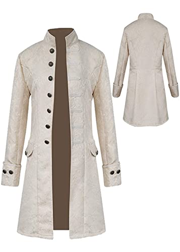 Halloween Kostüm Herren Steampunk Mantel, Männer Gothic Mittelalter Karneval Jacke, Viktorianischen Gehrock Uniform Smoking Retro Langer Button Kleidung(Weiß,2XL) von jakloz