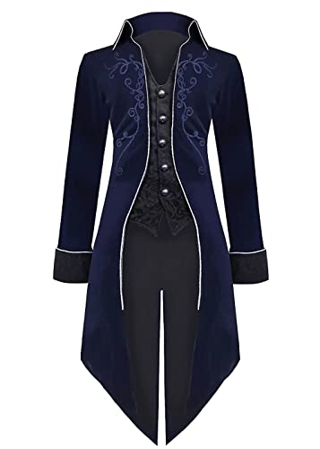 Herren Mittelalter Steampunk Jacke Gothic Frack Mantel,Renaissance Retro viktorianische Hof Stickerei Mantel, Halloween Piraten Vampir Cosplay Kostüme für Männer(Blau,2XL) von jakloz