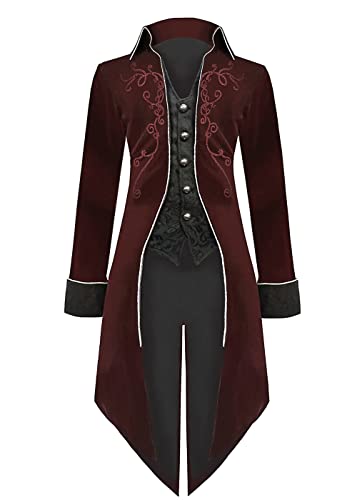 Herren Mittelalter Steampunk Jacke Gothic Frack Mantel,Renaissance Retro viktorianische Hof Stickerei Mantel, Halloween Piraten Vampir Cosplay Kostüme für Männer(Rot,3XL) von jakloz