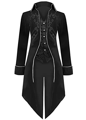 Herren Mittelalter Steampunk Jacke Gothic Frack Mantel,Renaissance Retro viktorianische Hof Stickerei Mantel, Halloween Piraten Vampir Cosplay Kostüme für Männer(Schwarz,M) von jakloz