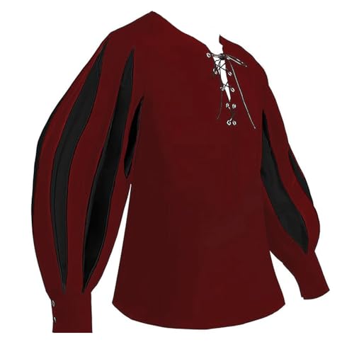 Herren Retro Mittelalter Kostüm Hemd Langarm Viking Piraten Schnürhemd Halloween Kostüm Renaissance Viktorian Karneval Fasching Cosplay Tops(Rot,2XL) von jakloz