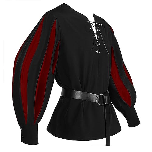 Herren Retro Mittelalter Kostüm Hemd Langarm Viking Piraten Schnürhemd Halloween Kostüm Renaissance Viktorian Karneval Fasching Cosplay Tops(Schwarz,2XL) von jakloz