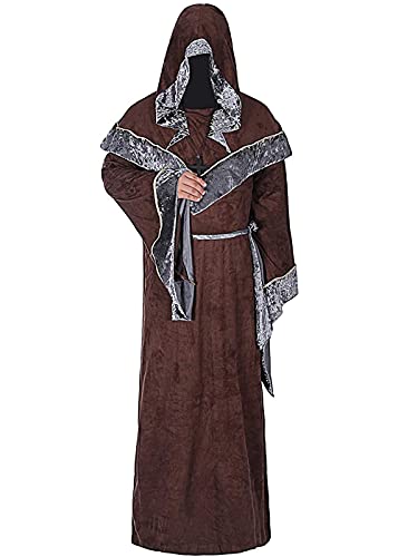 Mystische Zauberer Robe Halloween Cosplay Kostüme für Männer, Erwachsene Mittelalter Uniform Vintage Renaissance Kleidung, Herren Outfit Zauberer Mantel Umhang(Braun,3XL) von jakloz