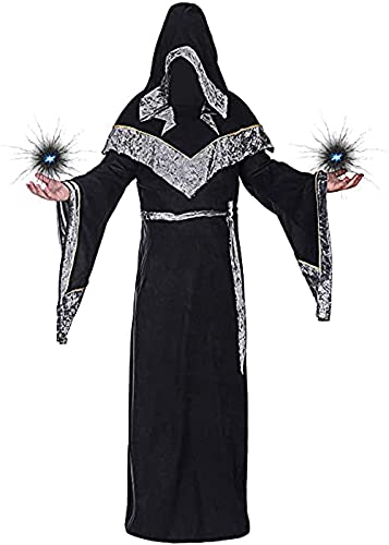 Mystische Zauberer Robe Halloween Cosplay Kostüme für Männer, Erwachsene Mittelalter Uniform Vintage Renaissance Kleidung, Herren Outfit Zauberer Mantel Umhang(Schwarz,2XL) von jakloz