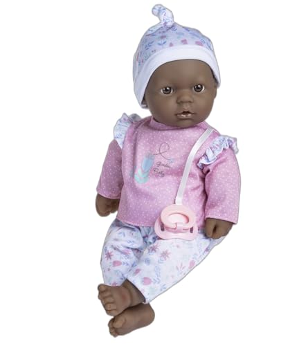 JC TOYS La Baby, afroamerikanische Puppe, 40 cm, weicher und waschbarer Körper, magische Flasche und Schnuller, rosa, blumig, entworfen in Spanien, ab 12 Monaten von jc toys