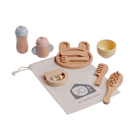 JC Toys - Erstpflegeset, 10-teilig, Holz-Set, Hygiene- und Fütterungszubehör für Kinder, Simulationsspiele, inkl. Aufbewahrungstasche, ideal zum Verschenken, ab 3 Jahren von jc toys