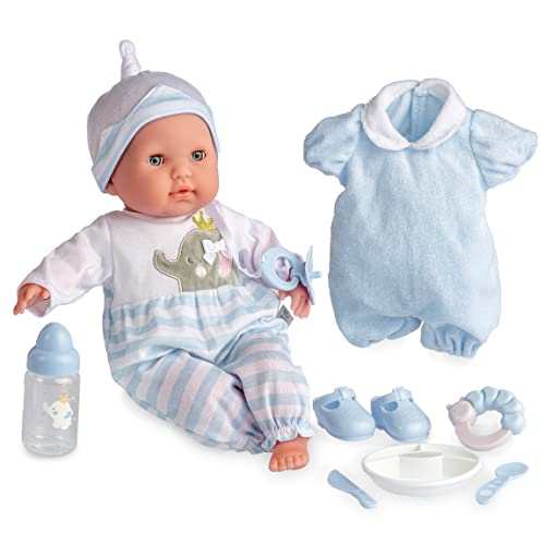 JC Toys 38 cm große realistische Babystoffpuppe mit offenen/geschlossenen Augen Berenguer Boutique | 10-teiliges Geschenkset mit Flasche, Rassel, Schnuller & Zubehör | Blau | ab 2 Jahren. von jc toys