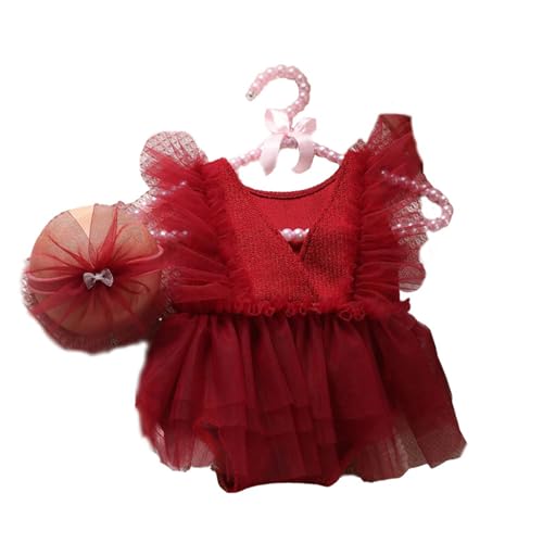 jdstty Baby Fotografie Requisiten Stricken Spitze Rotes Kleid Haarband Neugeborene Foto Requisiten Fotoshooting Haarband Säugling Foto Outfit von jdstty