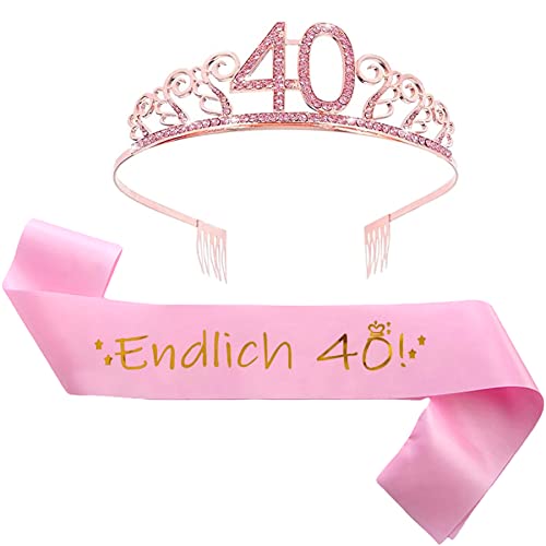 jenich 2er Set 40. Geburtstag Schärpe und Tiara Rosa Geburtstag Schärpe Geburtstag Krone 40 Geburtstagskrone Prinzessin Kristall Krone Schärpe für Frauen, 40. Geburtstag Geschenke Partyzubehör von jenich