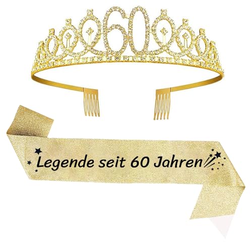 2er Set 60. Geburtstag Schärpe und Tiara Gold Geburtstag Schärpe Geburtstag Krone 60 Geburtstagskrone Prinzessin Kristall Krone Schärpe für Frauen 60. Geburtstag Geschenke Partyzubehör von jenich