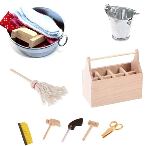 4er Set Miniatur Puppenhaus Gartengeräte Miniaturgarten Zubehör Miniatur Garten Deko Mop Eimer Wanne mit Waschbrett und Handtuch Toolbox für 1/12 Puppenhaus von jenich