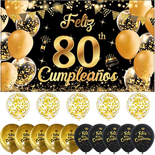 80 Geburtstag Party Dekoration 110 * 180cm Geburtstag Hintergrund Banner 80 Jahre Geburtstagsbanner mit 15 Stück Ballons Happy Birthday Banner Schild Poster Geburtstagsdeko Schwarz Gold … von jenich