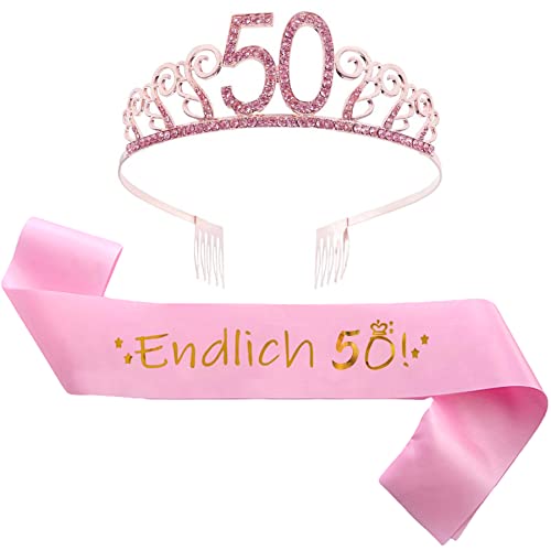 jenich 2er Set 50. Geburtstag Schärpe und Tiara Rosa Geburtstag Schärpe Geburtstag Krone 50 Geburtstagskrone Prinzessin Kristall Krone Schärpe für Frauen 50. Geburtstag Geschenke Partyzubehör von jenich