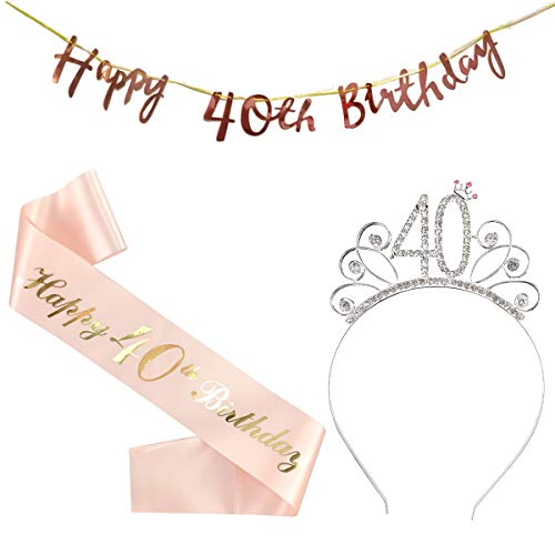 3er Set Happy 40 Birthday Geburtstag Schärpe Geburtstags Krone 40. Geburtstag Kristall Tiara Krone happy 40th birthday banner girlande für 40. Geburtstag Party Deko Accessoires Geschenk von jenich