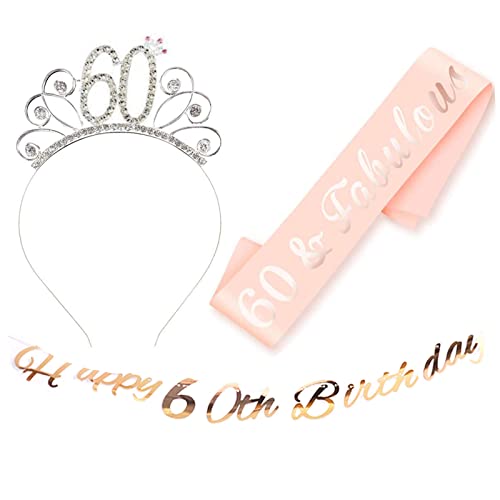 jenich 3er Set Happy 60 Birthday Geburtstag Schärpe Geburtstags Krone 60. Geburtstag Kristall Tiara Krone happy 60th birthday banner Girlande für 60. Geburtstag Party Deko Accessoires Geschenk von jenich