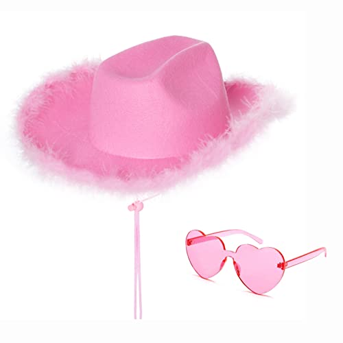 2er Cowboy Hut und Partybrille Herzbrille Cowgirl Hut Kostüm Accessoires für Erwachsene Rodeo Wilder Westen Kostü Karneval Mottoparty Halloween Party (Rosa) von jerbro